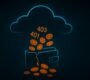 A cracked digital wallet leaking coins and error codes like '403' and '401' into a neon-lit, futuristic cloud network with data streams and circuit patterns in the background.